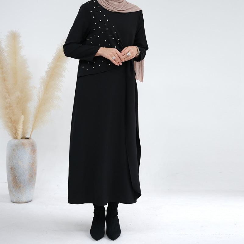Heidi-Mode | 2-Teiliges Set Spandex Perle Offene Abaya Kleid für Arabische Frauen