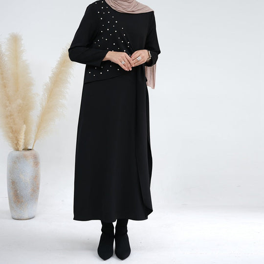 Heidi-Mode | 2-Teiliges Set Spandex Perle Offene Abaya Kleid für Arabische Frauen