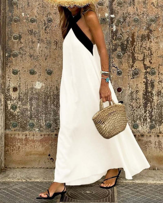 Heidi-Mode | Kreuzförmig Rückenfreies Elegantes Kleid mit Kontrastfarbe