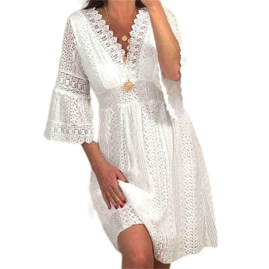 Heidi Mode | V-Ausschnitt hohle Spitze Horn Ärmel Kleid Rock