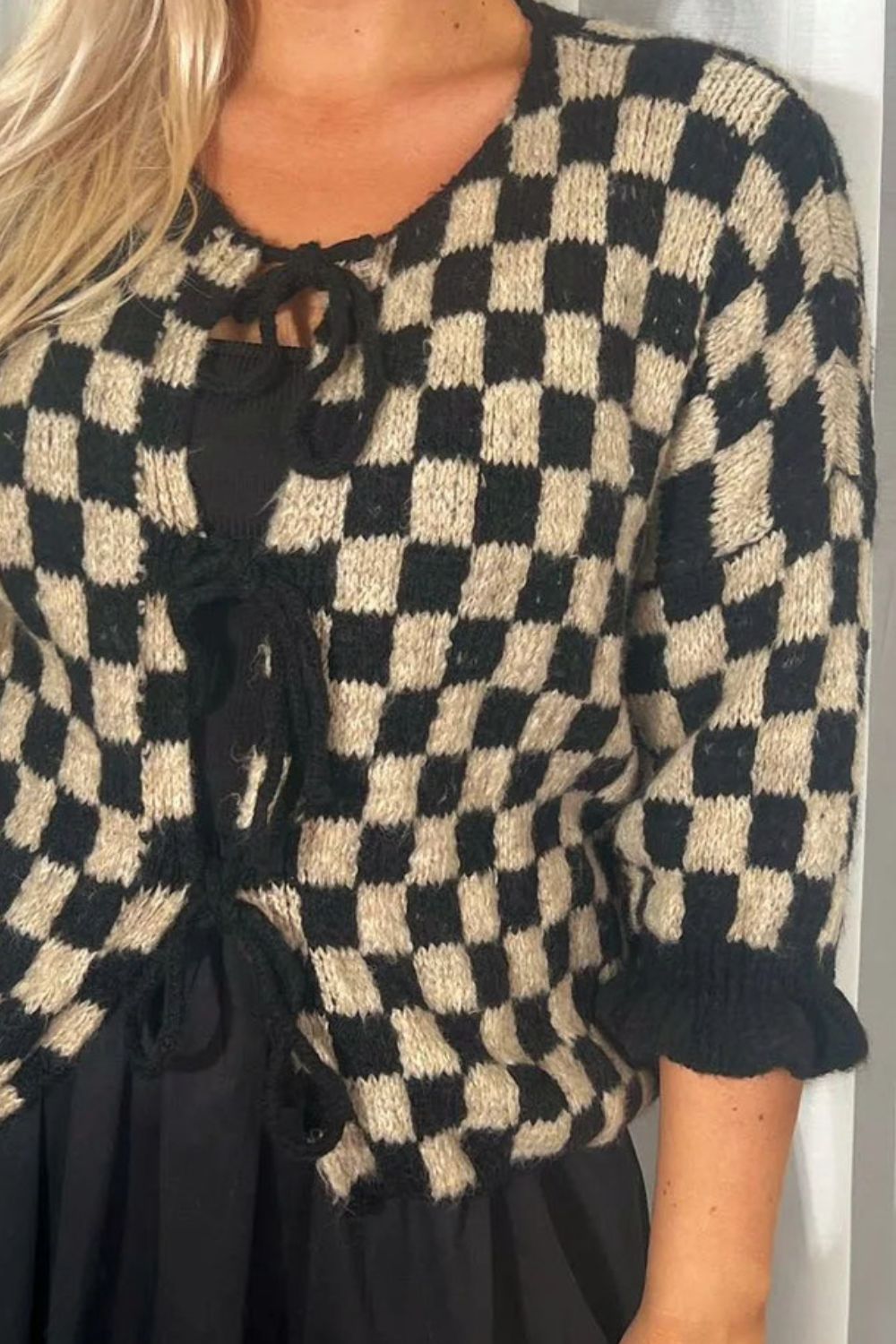 Heidi-Mode | Double Take Gebunden Karierter Fall Schulter Volant Ärmel Strickjacke