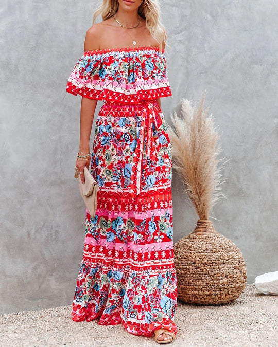 Einseitig schulterfreies langes Blumenkleid