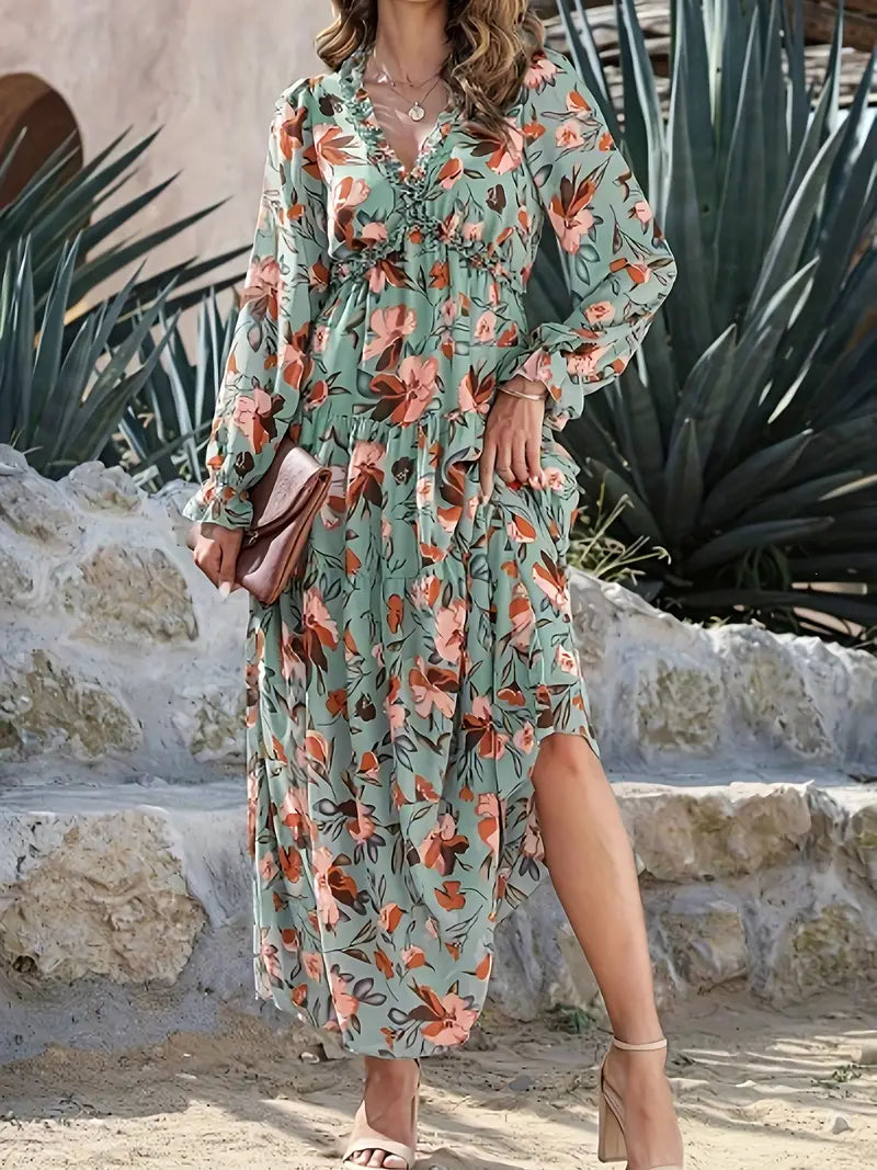 Maxi Dress met V-hals en lange mouwen met bloemenprint