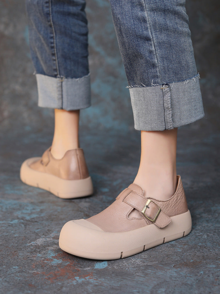 Heidi-Mode | Damenmode Rundkopf Handgefertigt Leder Schnalle mit Klettverschluss Flache Schuhe