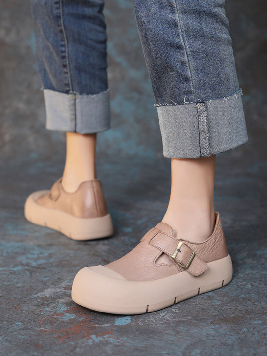 Heidi-Mode | Damenmode Rundkopf Handgefertigt Leder Schnalle mit Klettverschluss Flache Schuhe