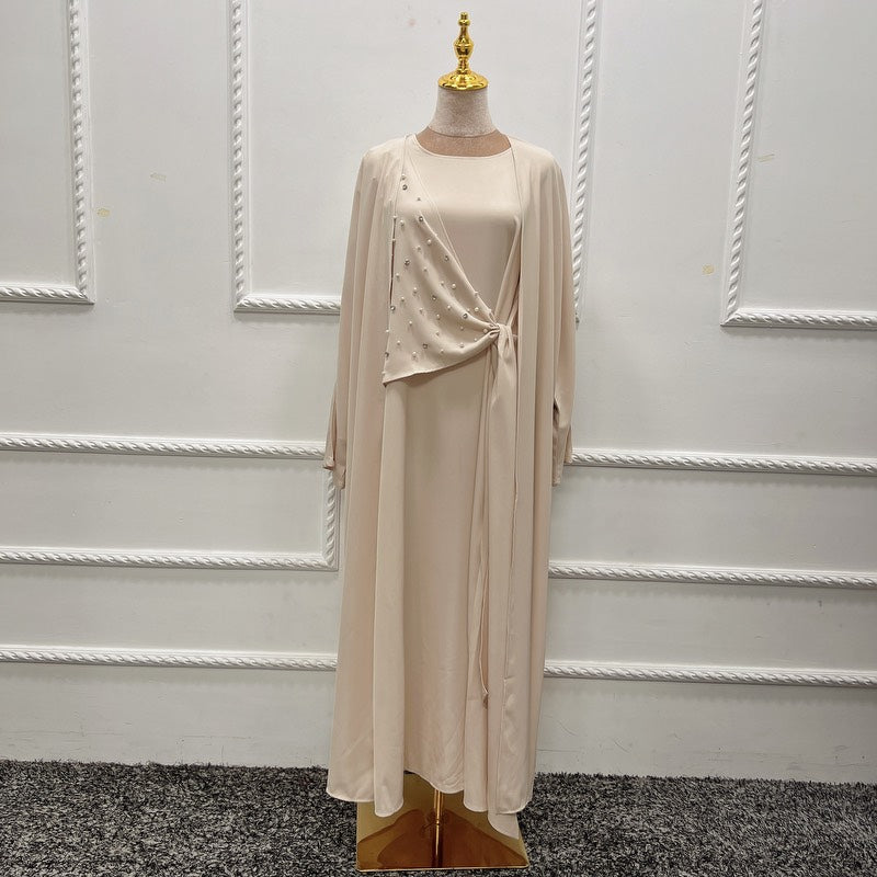 Heidi-Mode | 2-Teiliges Set Spandex Perle Offene Abaya Kleid für Arabische Frauen