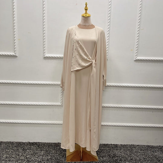 Heidi-Mode | 2-Teiliges Set Spandex Perle Offene Abaya Kleid für Arabische Frauen