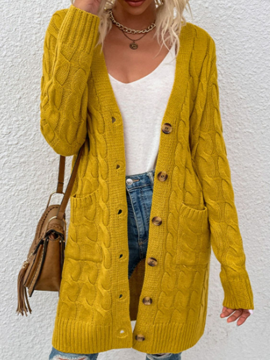 Heidi-Mode | Kabelstrick Knopfverschluss Cardigan mit Taschen
