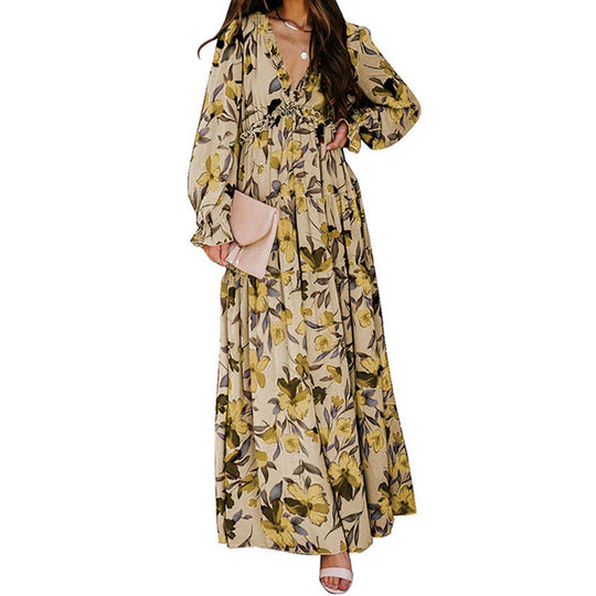 Heidi-Mode | Druck Kleid mit Langen Ärmeln und V-Ausschnitt