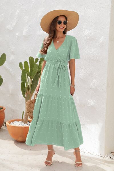 Heidi-Mode | Swiss Dot Gebunden Surplice Kurzarmkleid