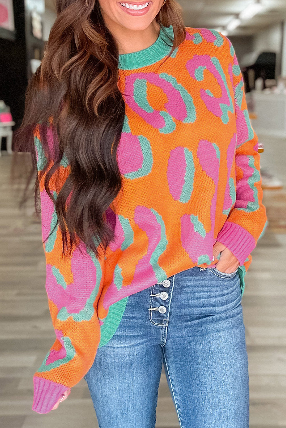 Leopard Colorblock Pullover Mit Geripptem Rand