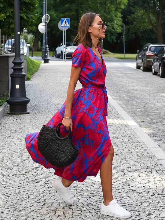 Floral Split Kleid mit Taillenschleife