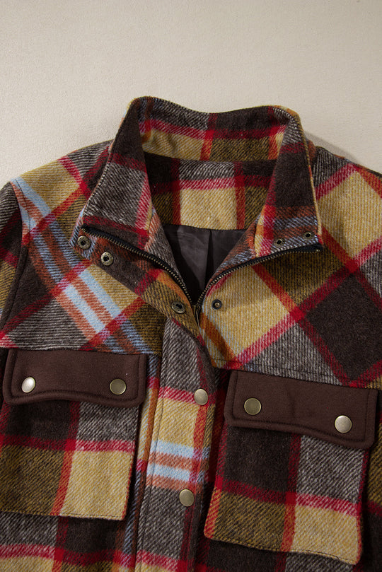 Plaid Print Brusttaschen Knopf Reißverschluss Stehkragen Jacke