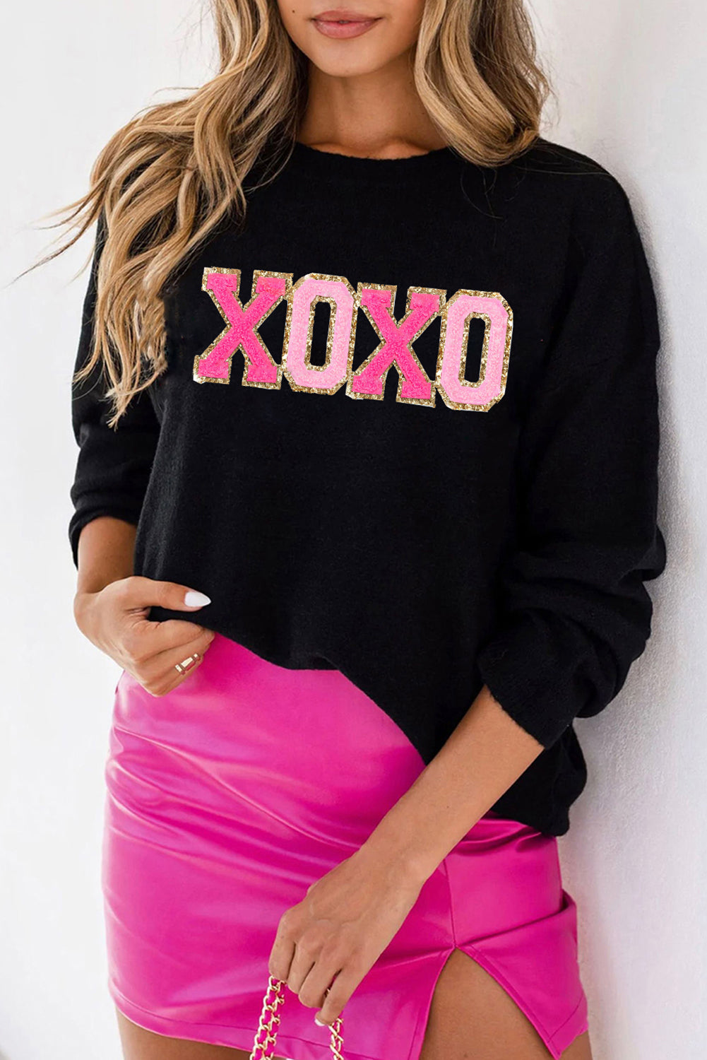 Xoxo Glitter Print Rundhalsausschnitt Casual Pullover