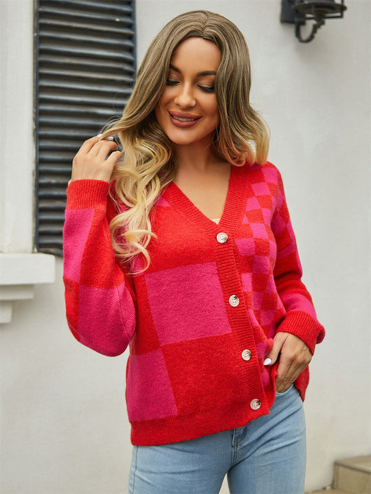 Heidi-Mode | Karierter V-Ausschnitt Gefallene Schulter Cardigan