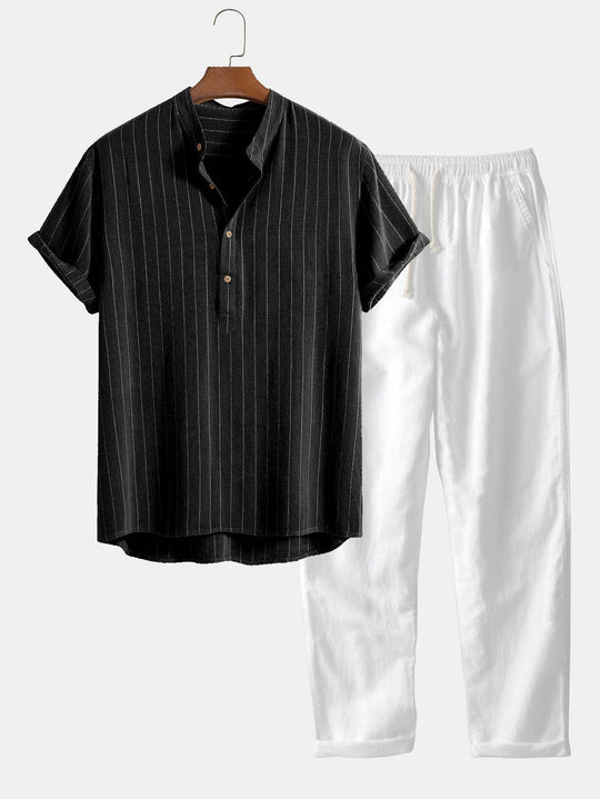 Blend Striped Half Open Placket Henley Collar Shirt & Straight Leg Pants