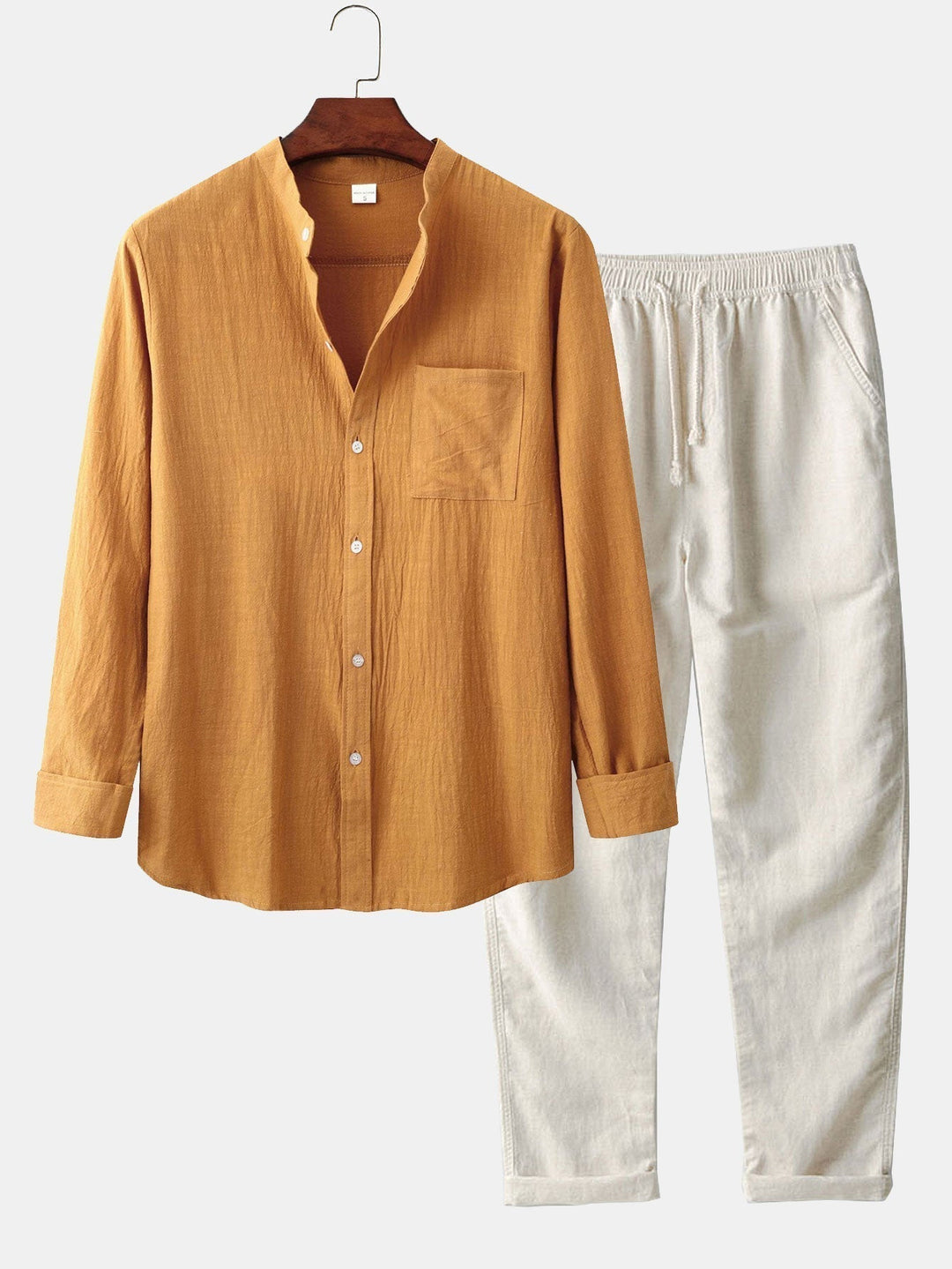 Sleeved Linen Look Stand Collar Shirt & Straight Leg Linen Pants