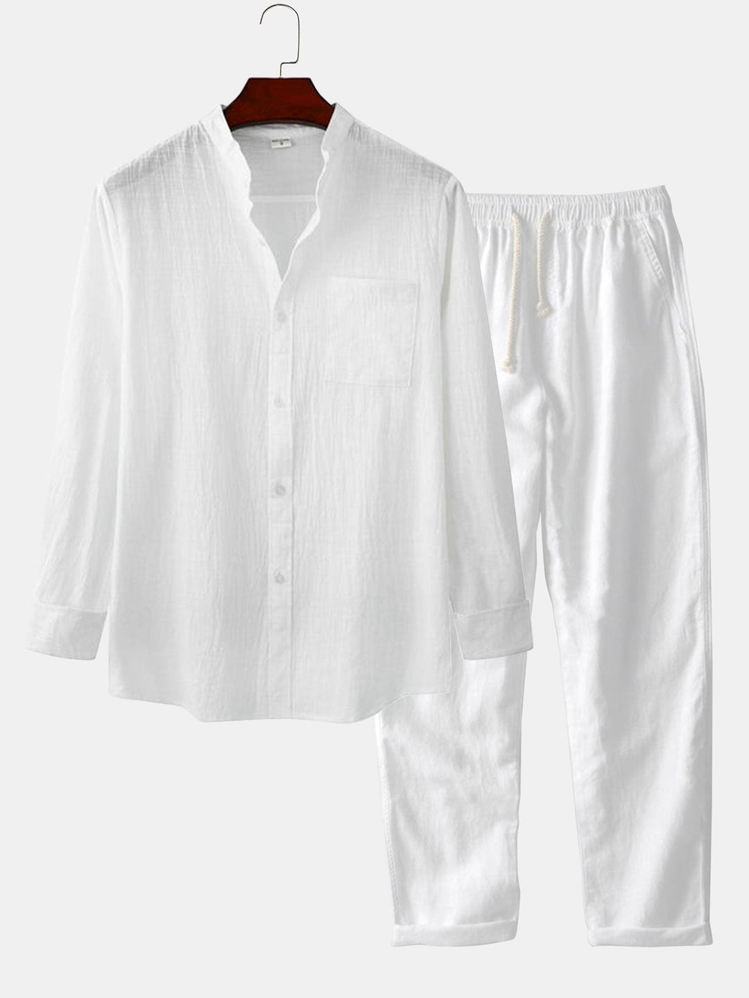 Sleeved Linen Look Stand Collar Shirt & Straight Leg Linen Pants