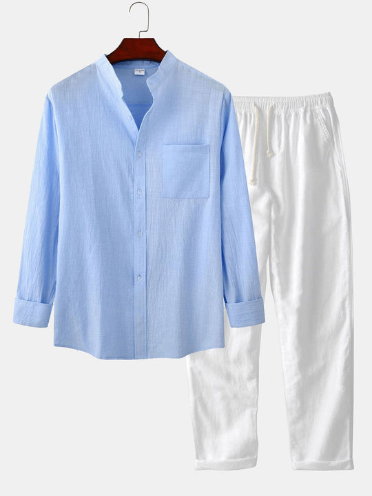 Sleeved Linen Look Stand Collar Shirt & Straight Leg Linen Pants