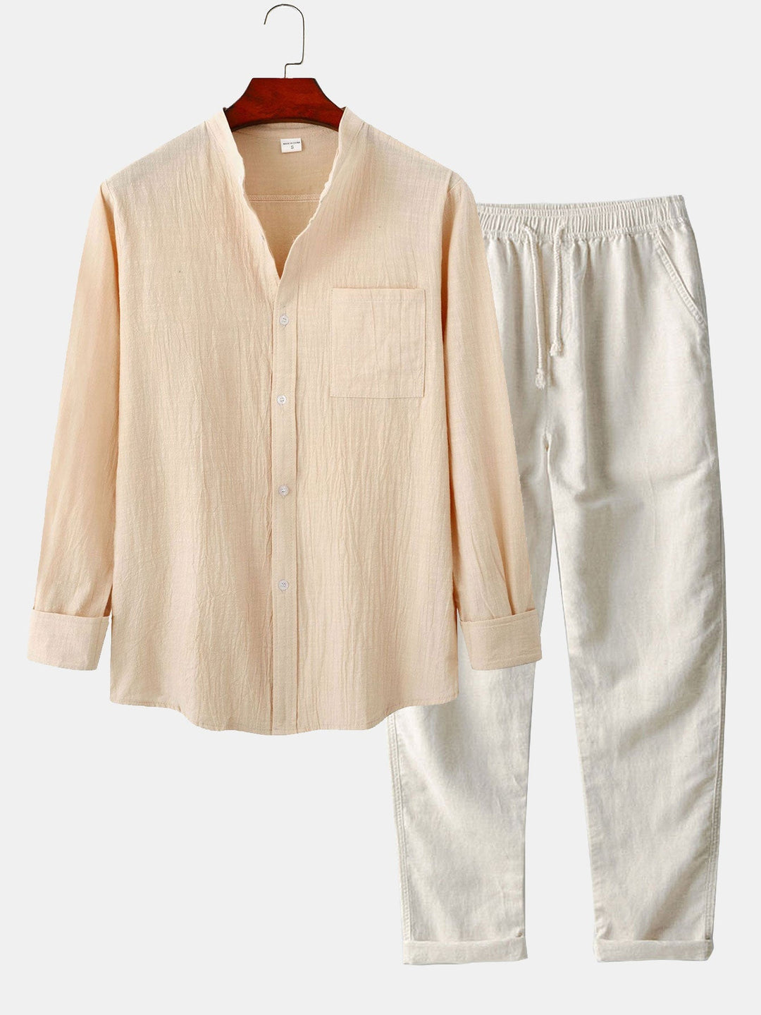 Sleeved Linen Look Stand Collar Shirt & Straight Leg Linen Pants