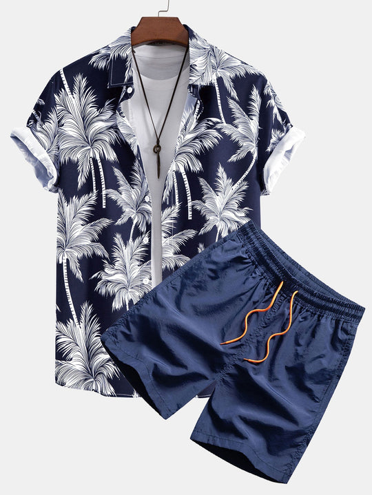 Tree Print Button Up Shirt & Swim Short