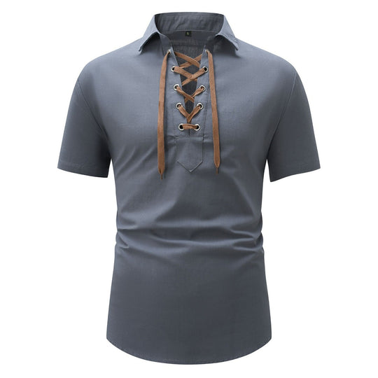 Heidi Mode | Leinen Revers Tether V-Ausschnitt Kurzarm-Shirt