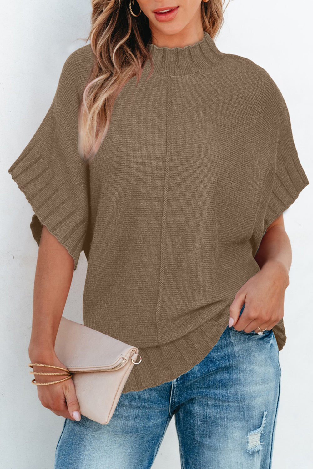 Palm Mock Neck Batwing Kurzarm-Strickpullover