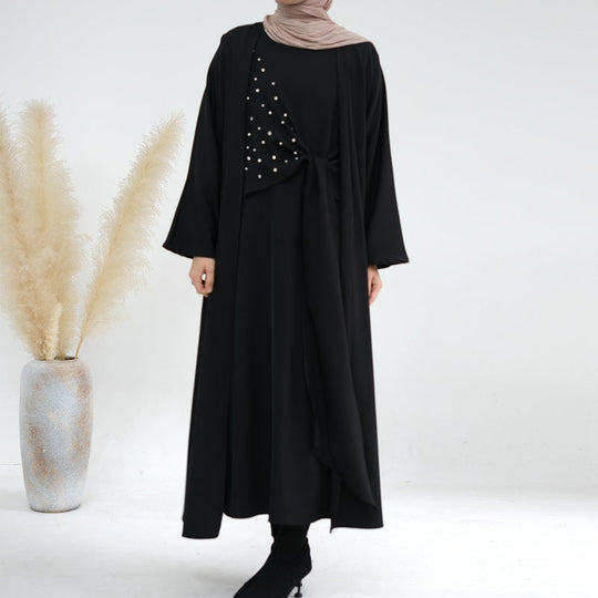 Heidi-Mode | 2-Teiliges Set Spandex Perle Offene Abaya Kleid für Arabische Frauen