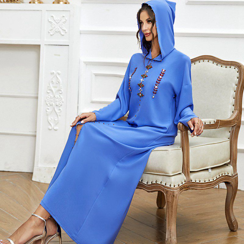 Heidi-Mode | Handgefertigter Strass Kapuzen Weinrote Femme Djellaba Frauen Abaya Kaftan Kleid Jalaba