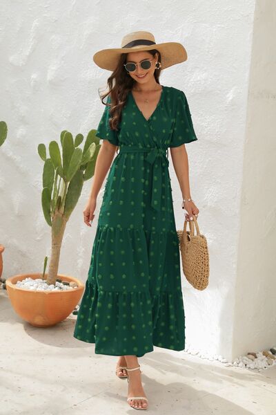 Heidi-Mode | Swiss Dot Gebunden Surplice Kurzarmkleid