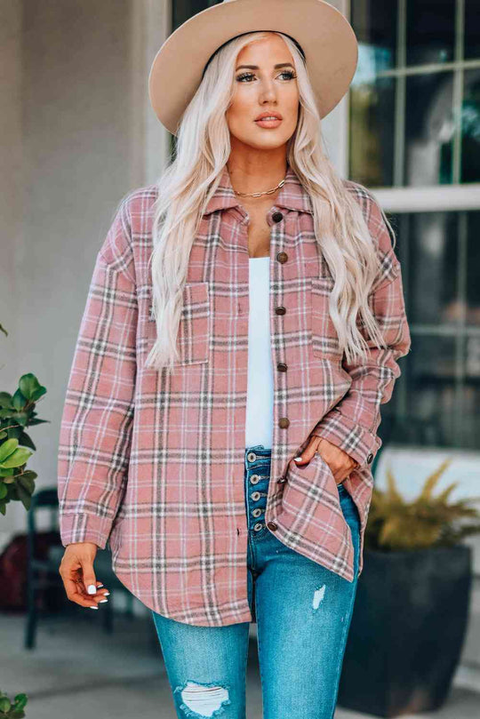 Heidi-Mode | Karo Kurviger Saum Fallende Schulter Langarmhemd Jacke