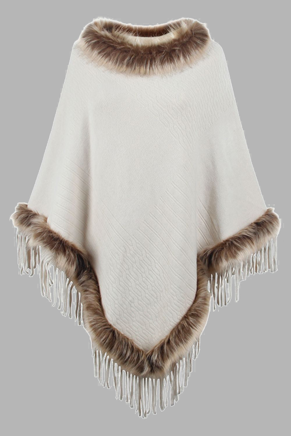 Heidi-Mode | Damen Fransen-Poncho mit Kunstfellbesatz