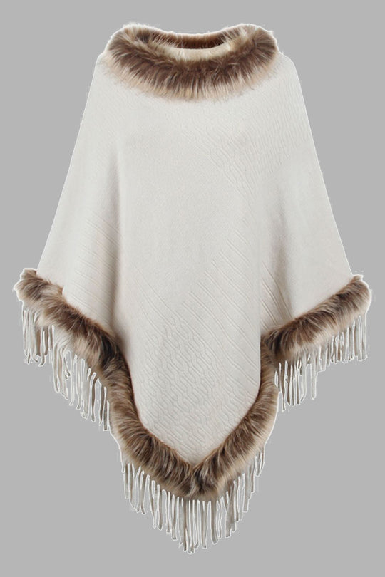 Heidi-Mode | Damen Fransen-Poncho mit Kunstfellbesatz