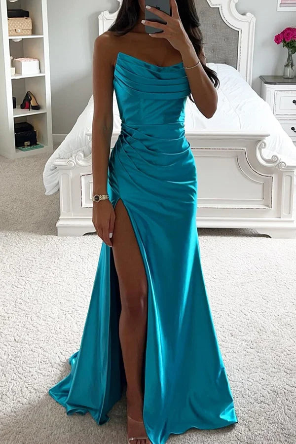 Heidi-Mode | Glänzendes Satin Off-Shoulder Falten Spalte Abend Maxi Kleid