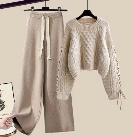 Gestrickter Pullover Lockere Weite Hosen Zweiteiliges Set