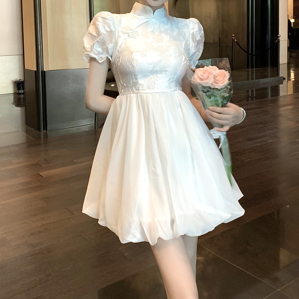 Heidi-Mode | Hoch Tailliertes Puffärmel Jacquard Bud Qipao Kleid