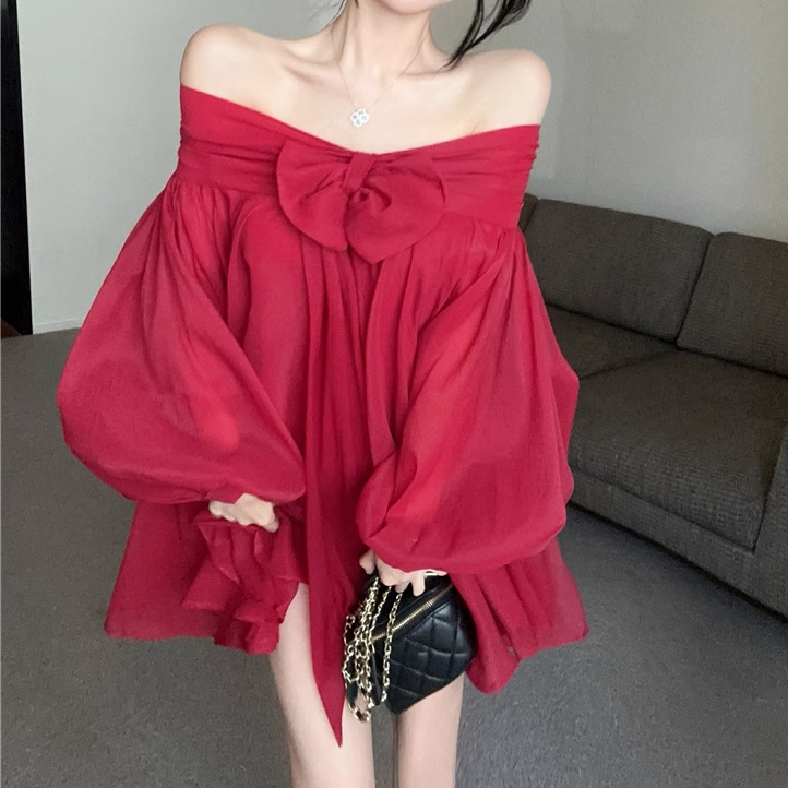 Heidi-Mode | Rotes Schleifen A-Linien Langarm Loses Puffkleid