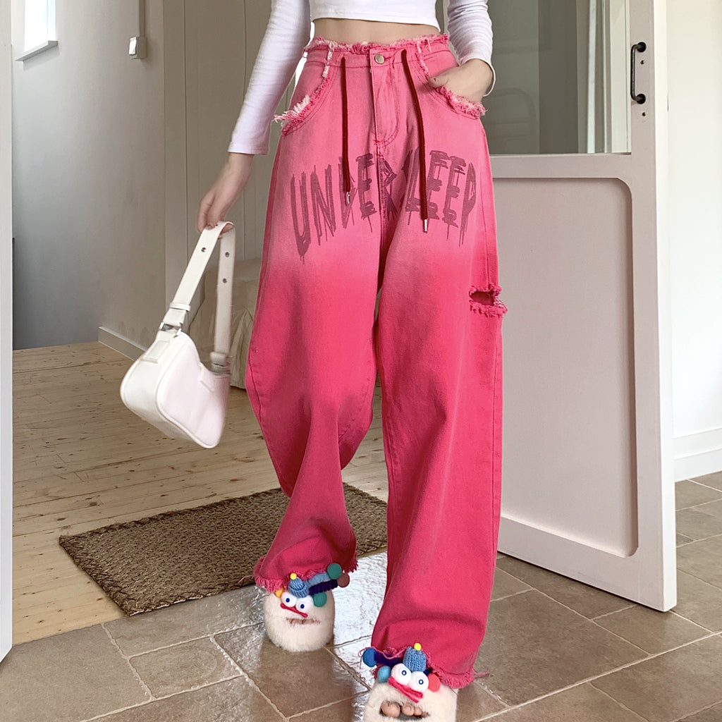 Heidi-Mode | Gradient Pink Letter Zerstörte Kordelzug Jeans