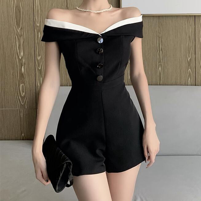 Heidi-Mode | Schwarzer Lässiger Off Shoulder Overall Shorts Romper