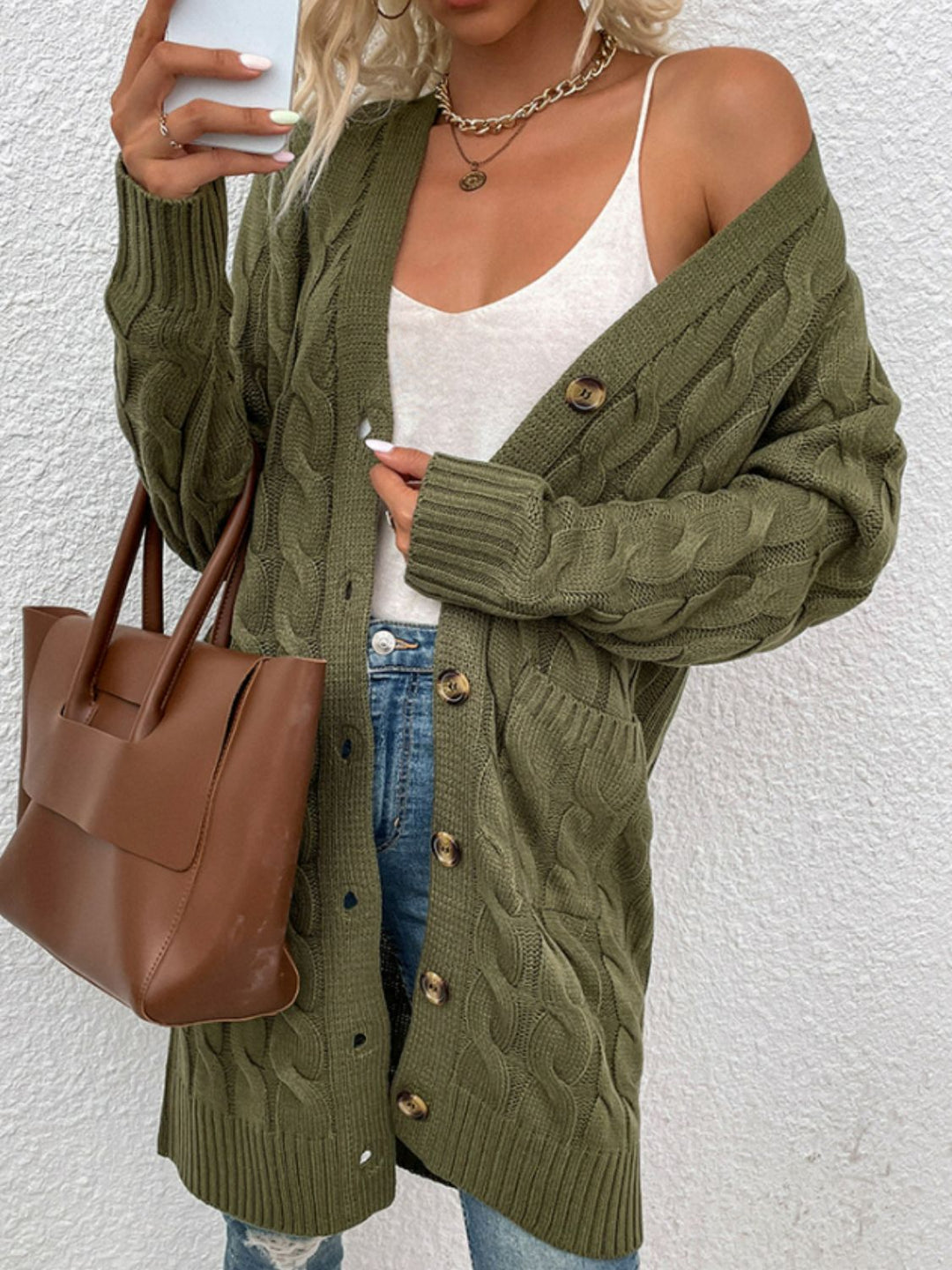 Heidi-Mode | Kabelstrick Knopfverschluss Cardigan mit Taschen
