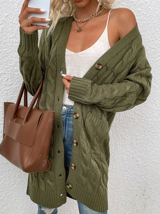 Heidi-Mode | Kabelstrick Knopfverschluss Cardigan mit Taschen