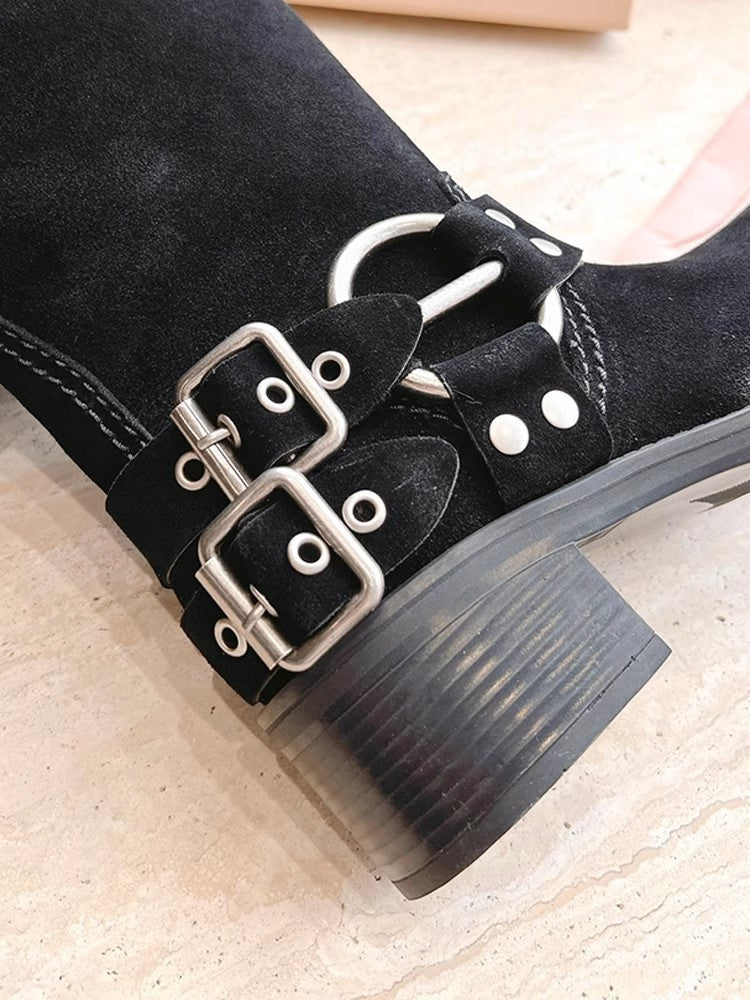 Heidi-Mode | Echtes Leder Kuh Wildleder Vintage Reiter Gürtel Schnalle Hohe Stiefel