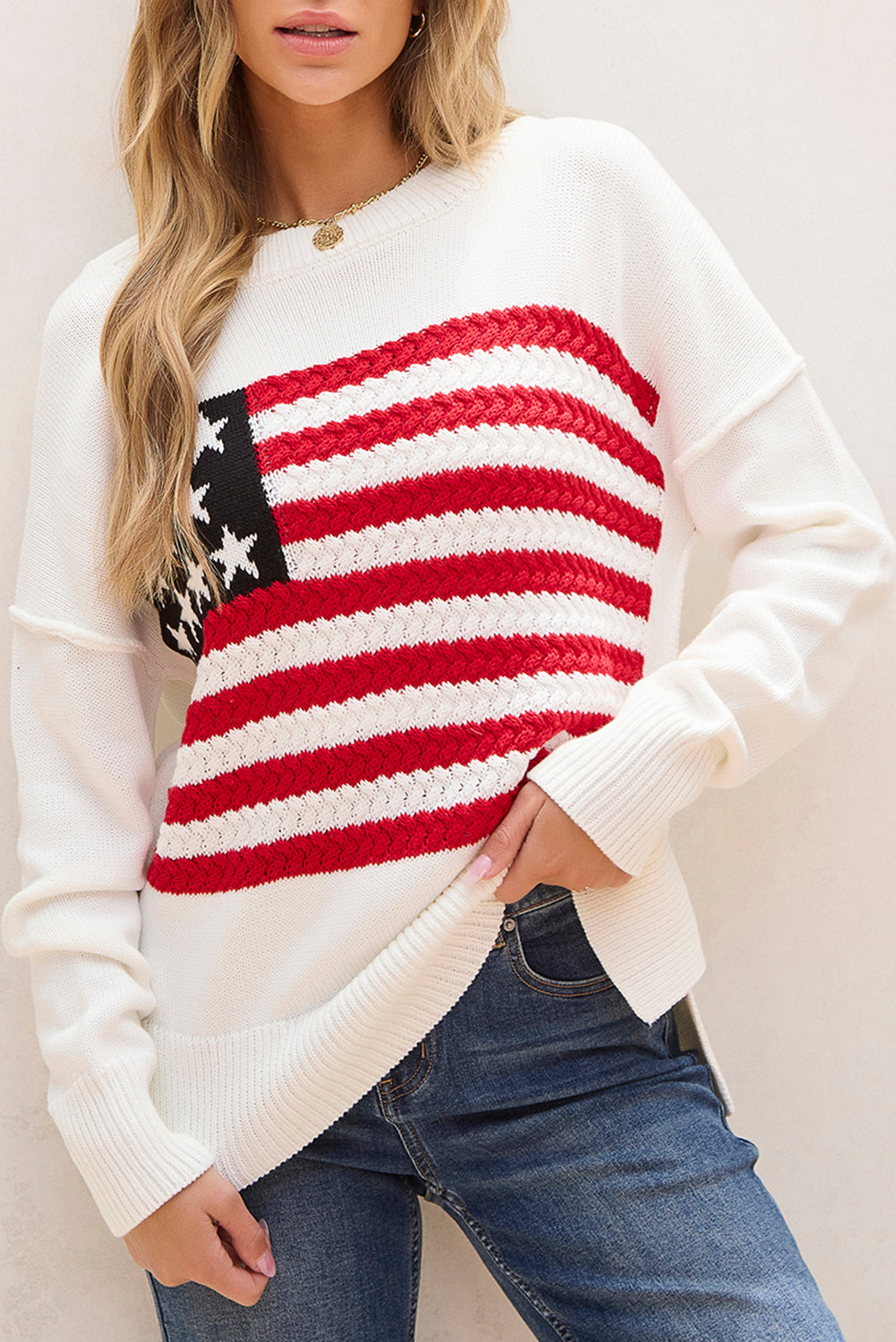 Pullover Mit Amerikanischer Flagge Und Gestrickten Schultern