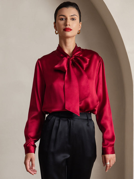 Heidi-Mode | Damen Elegante Seidenbluse mit Schlipskragen und Langen Ärmeln