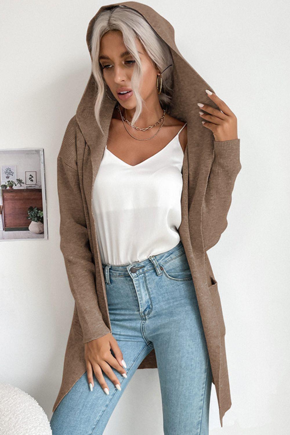 Heidi-Mode | geripptes offen-front Cardigan mit Kapuze und Taschen
