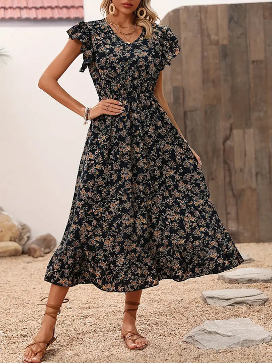 Heidi – Florales Kleid Mit V-ausschnitt Und Eleganten Rüschenärmeln