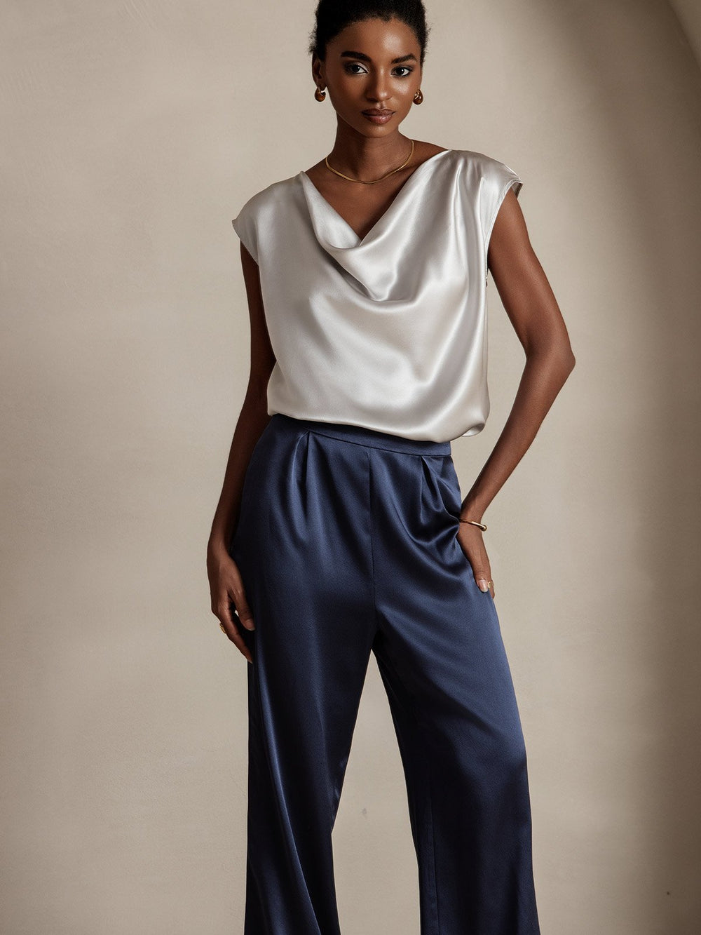 Heidi-Mode | Seiden Kappenärmel Halskragen Tanktop Bluse