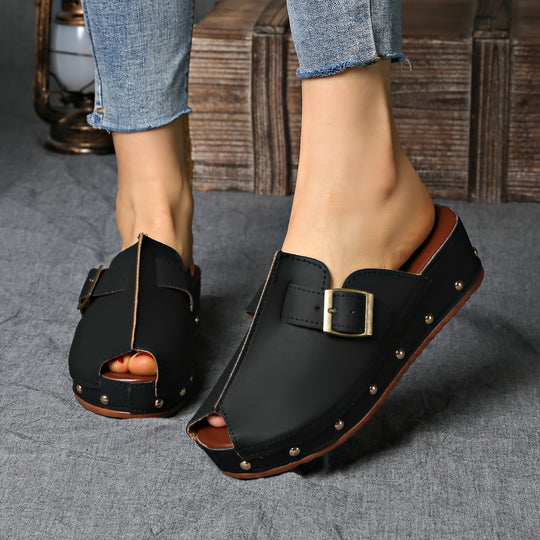 Heidi-Mode | Bequeme Sommerschuhe Auf Plateau mit Riemenverschluss und Offener Zehe