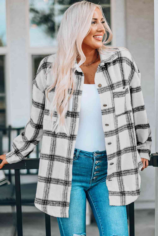 Heidi-Mode | Karo Kurviger Saum Fallende Schulter Langarmhemd Jacke