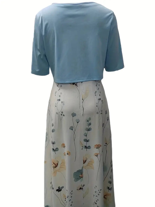 Heidi-Mode | Elegante Zweiteilige Blumenkleid-Set mit Einfarbigem Crop-Top und Rundhalskleid